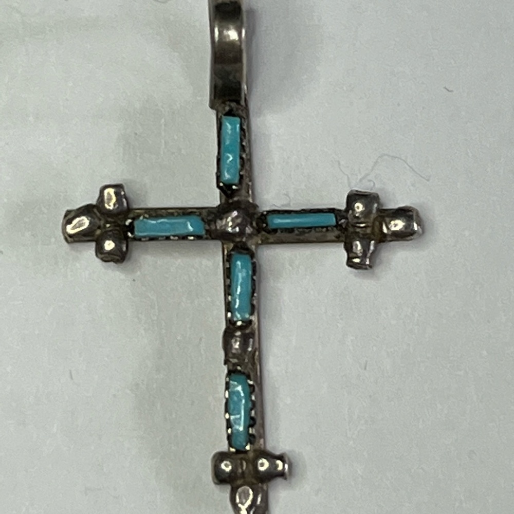 Blue Turquoise Petit Point Sterling Silver Vintage Cross Pendant